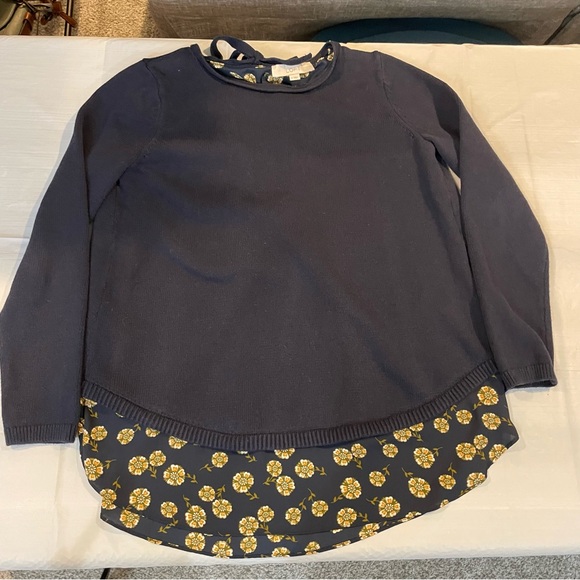 LOFT Navy Mixed Media Sweater Blouse Floral Hem Tie Back Cottagecore Medium - Picture 3 of 5